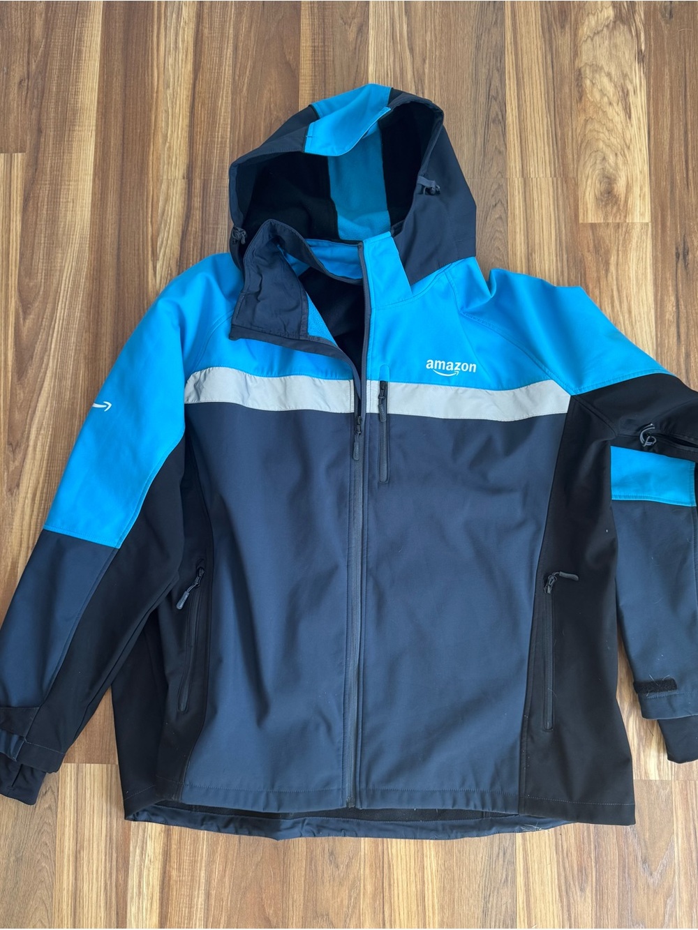 Amazon Driver Blue and Black Hooded Raincoat with Reflective Stripe